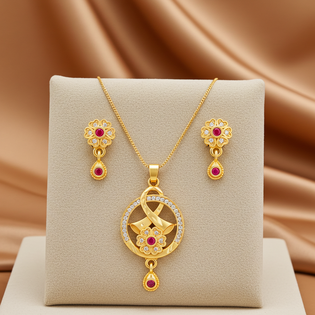 Ruby Designer Gold Pendant Set with Earrings edited 1