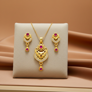 ruby floral gold pendant set with earrings